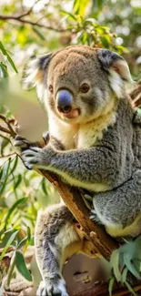 A cute koala perched on a tree branch surrounded by lush greenery.