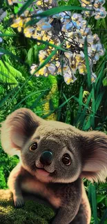 Cute koala surrounded by lush green jungle foliage and flowers.