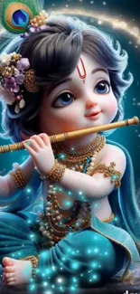 Charming depiction of Baby Krishna playing the flute in a mystical setting.