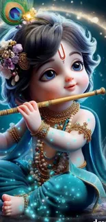 Charming Krishna art with teal hues and divine scene.