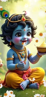 Baby Krishna with butter amidst flowers and light.