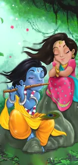 Charming Krishna and friend enjoying a peaceful moment in a vibrant forest setting.