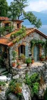 Lakeside cottage on rocky cliff with greenery.