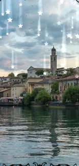 Scenic riverside town at dusk with sky reflections and star accents.