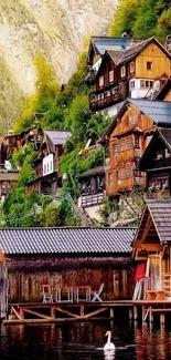 Rustic wooden cabins by a picturesque lake, surrounded by lush greenery.