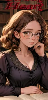 Anime girl reading in a library setting, wearing glasses.