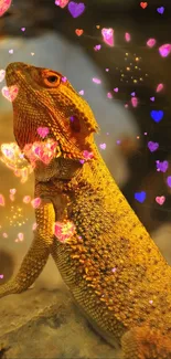 Lizard with heart effects and warm lighting on a rock background.