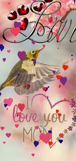 Bird with hearts and love message wallpaper.