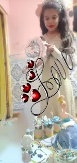 Girl in a white dress with love-themed decorations.