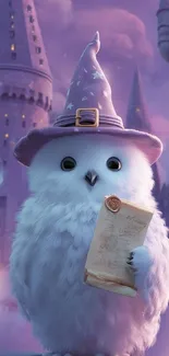 Cute owl wearing a wizard hat holds a scroll, surrounded by magical castles.