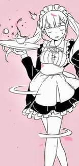 Charming anime maid in soft pink theme with delicate details.