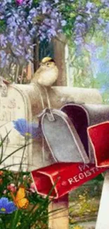 Charming mailbox nature wallpaper with birds and flowers.