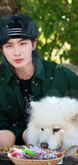 Man with fluffy dog in a serene outdoor setting.