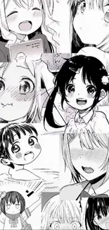 Manga girl collage wallpaper in black and white, featuring cute anime characters.