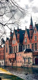 Medieval cityscape with red-brick buildings and canal.