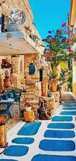 Mediterranean street with blue accents and vibrant decor.