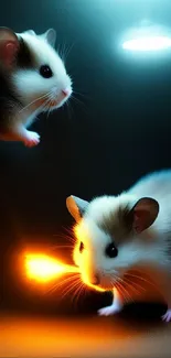 Two adorable mice illuminated by vibrant neon lights in a digital artwork.