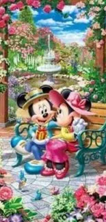 Mickey and Minnie Mouse sitting in a colorful garden.