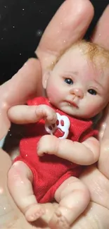 Realistic miniature baby held gently in hands.