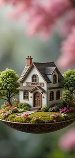 Miniature house in a lush garden setting with pink blossoms.