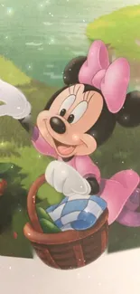 Minnie Mouse joyfully picking berries by a sparkling pond.