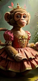 Monkey in a pink royal dress, sitting in a whimsical forest setting.