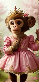 Cute monkey in a pink princess dress with floral background.