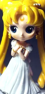 Anime moon princess in white dress with golden hair.