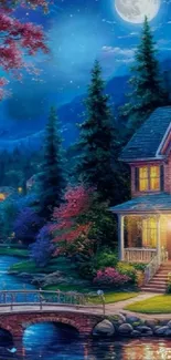 Charming cottage under a bright, full moon with lush trees and stream.