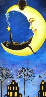 Whimsical crescent moon with a cat against a vibrant sky, cityscape at the bottom.