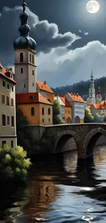 Moonlit townscape with river, bridge, and historic buildings.