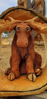 Charming wood carving of a moose in a tree setting.