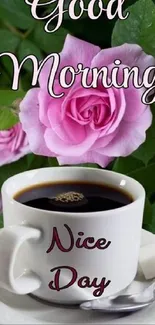 Good morning coffee with pink rose wallpaper.