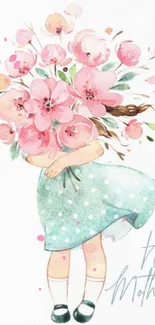 Mother's Day wallpaper with girl holding flowers in watercolor style.