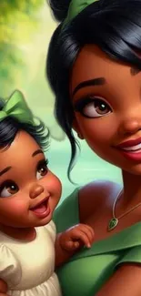 Charming animated wallpaper of mother and child with green accents.