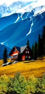 Red cabin in scenic mountain landscape wallpaper.