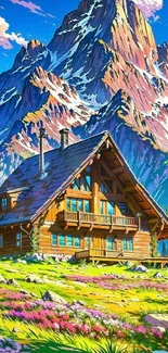 Vibrant mountain chalet surrounded by stunning alpine scenery and colorful flowers.