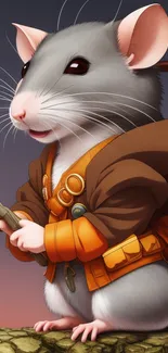 Illustrated mouse in an adventure outfit on a whimsical backdrop.