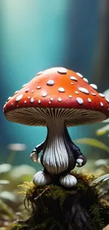 Whimsical mushroom character in a fantasy forest setting.