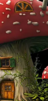 Whimsical mushroom house wallpaper with red cap and charming details on black background.