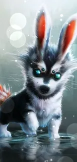 Whimsical dog-like mythical creature with glowing eyes in fantasy art style.