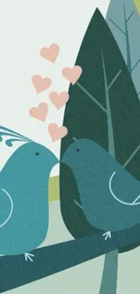 Stylized birds with hearts in nature-inspired wallpaper.