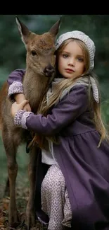 Girl hugging deer in a peaceful forest setting, wearing a purple dress.