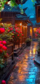 Charming rain-soaked alleyway with vibrant flowers and glowing lanterns.