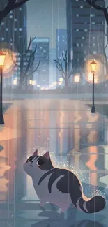 Illustration of a cat in a rainy night cityscape with glowing lights.