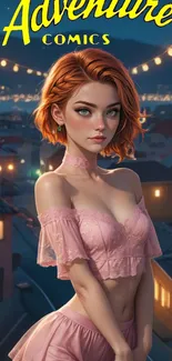 Wallpaper of a charming redhead in a night cityscape with vibrant lights.