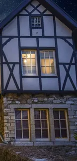 Charming stone cottage at night with glowing windows under a starry sky.