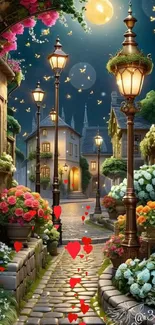 Night street scene with flowers and moon.