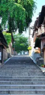 Charming old street with traditional wooden houses and stone stairs.