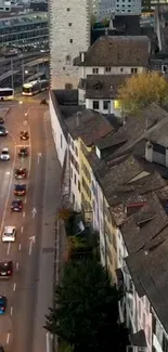 Charming old town streetscape with vintage roofs at dusk.